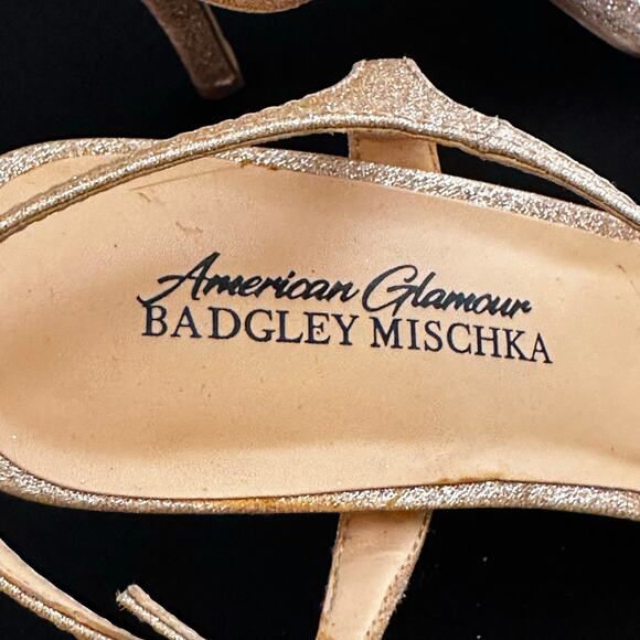 American Glamour Badgley Mischka Gold Glitter Strappy Heels Sz 6 - Picture 4 of 11